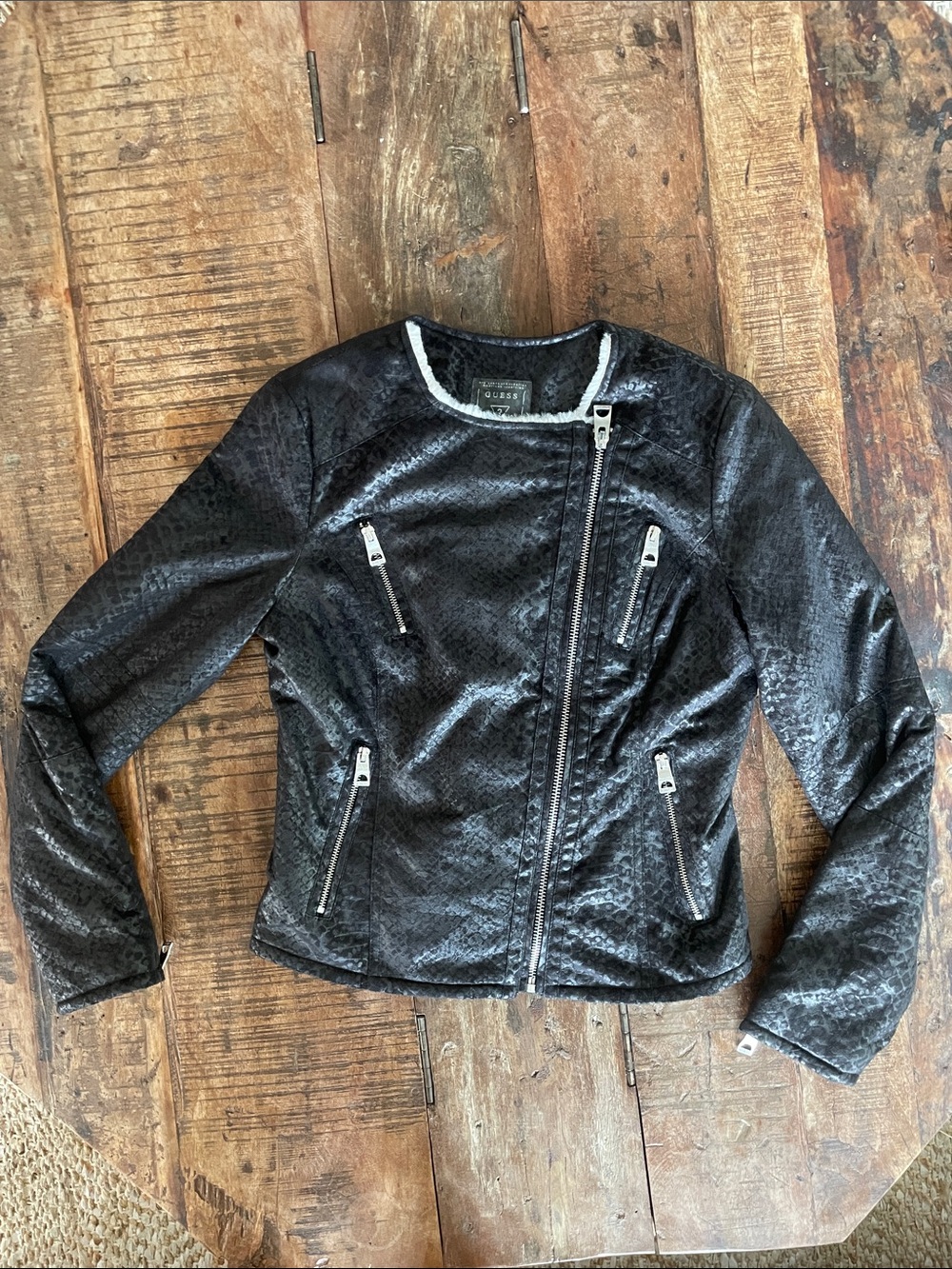 GUESS Black Faux Leather Asymmetric Zip Moto Jacket with Silver Hardware